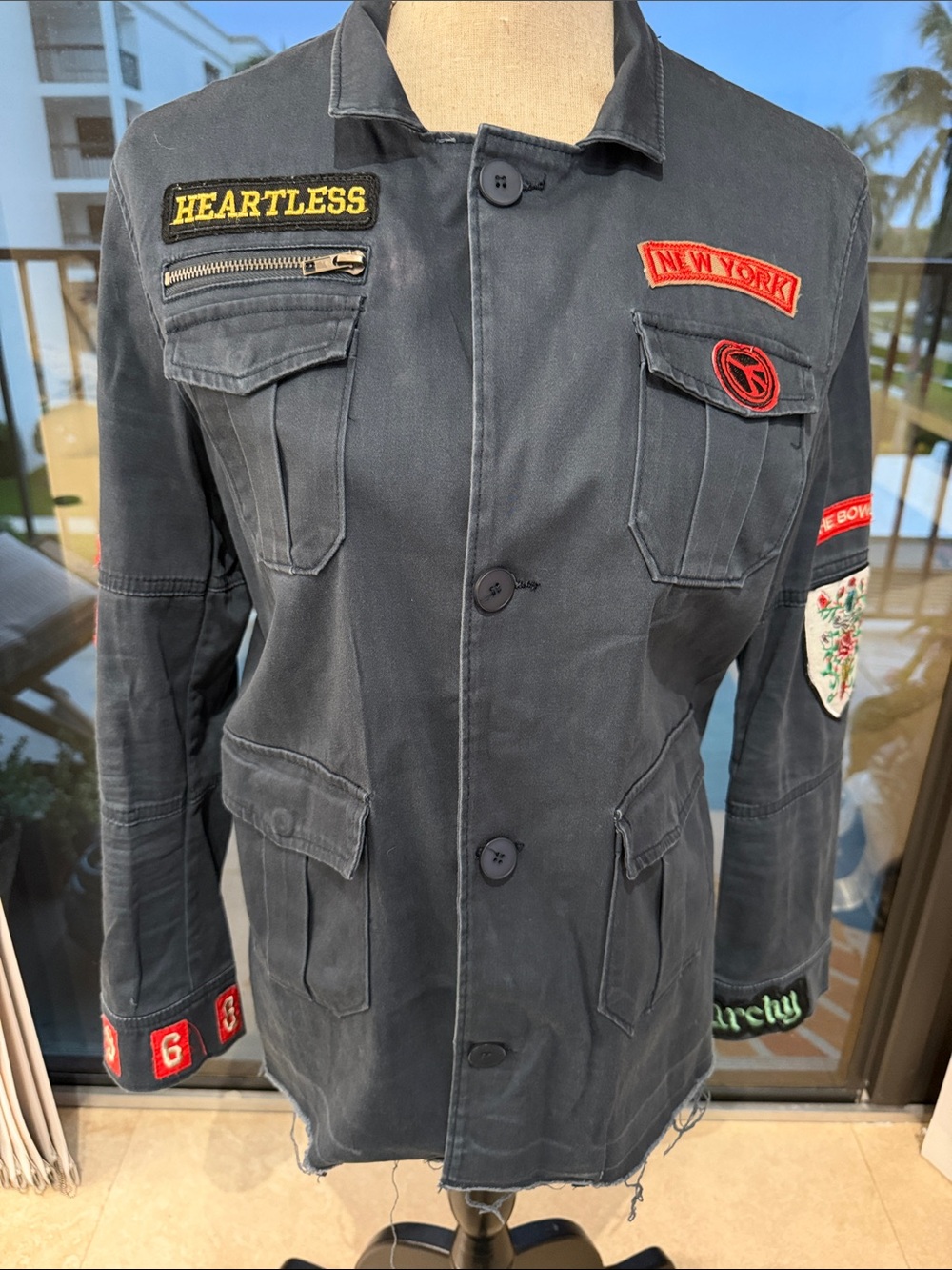 Elan Brand Womens Dark Blue/Gray Military Style Jacket with Patches